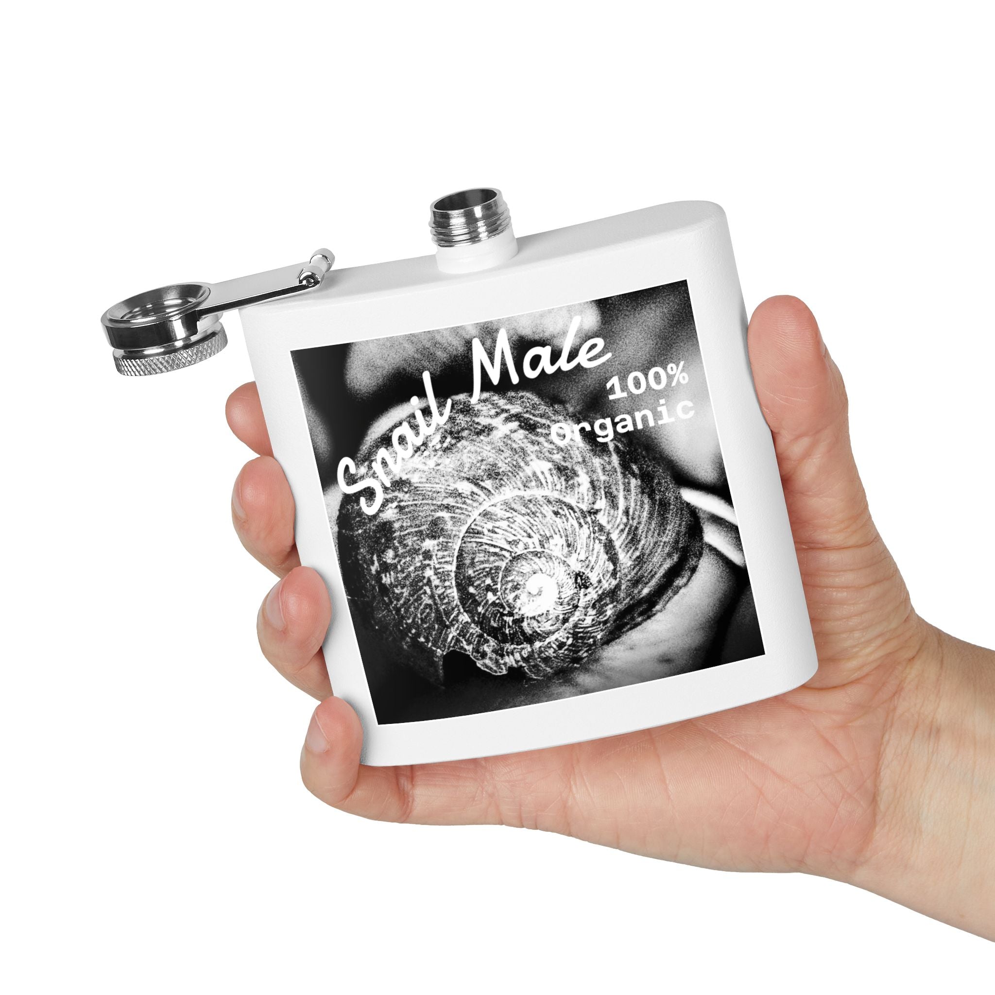 6oz Stainless Steel "Snail Male" Flask — Vintage Black & White Design